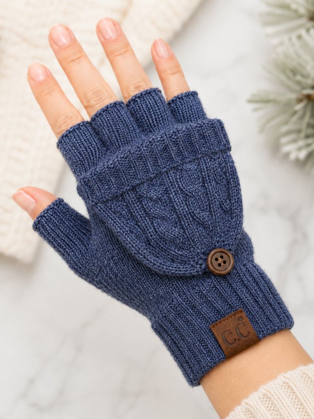 C.C Blue Cable Knit Convertible Fingerless Gloves Mittens NWT